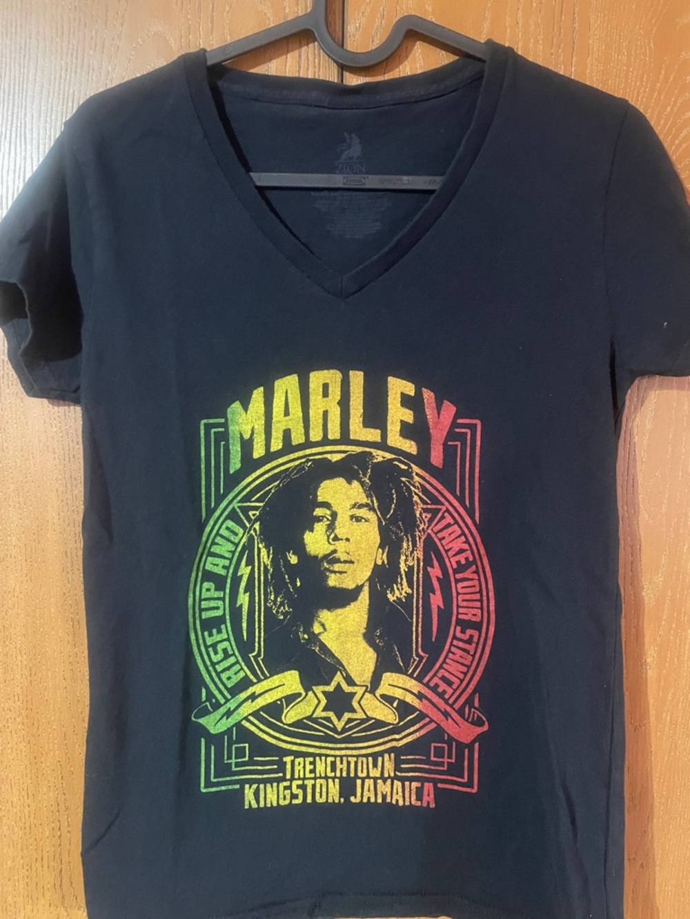 Zion Rootswear Black Marley Graphic V-Neck Tee with Red, Yellow, Green Print